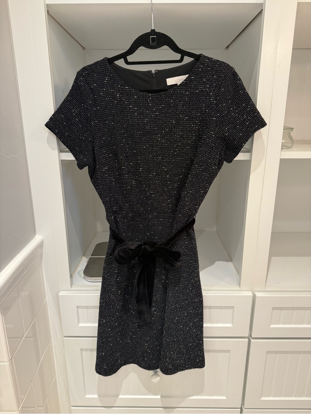 LOFT Black Metallic-Speck Mini Dress with Velvet Tie
